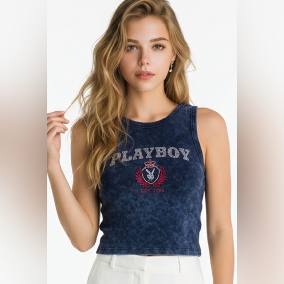 PLAYBOY Tops - PLAYBOY Navy Mineral-Wash Emblem Tank